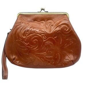 Patricia Nash Tooled Leather Kiss Lock Wristlet Brown Clutch